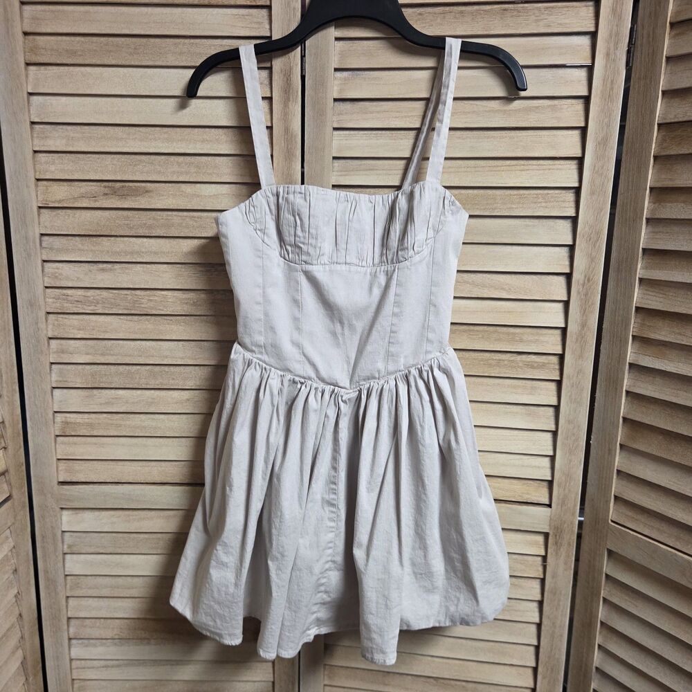 Zara Gathered Mini Short Dress Cream Size Small Ruched Corset Bodice Fit Flare